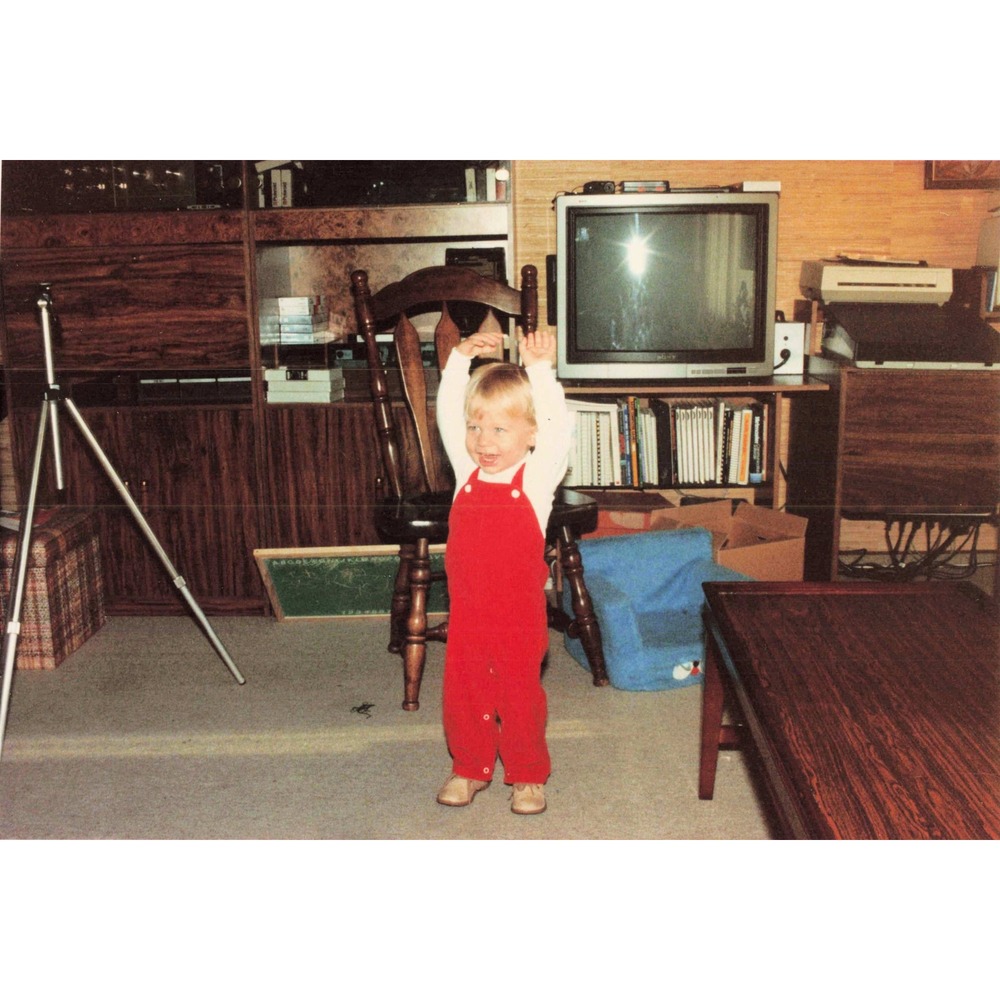 Vintage 1986 Found Photo Child Red Overalls Sony CRT TV 80s Interior Snapshot